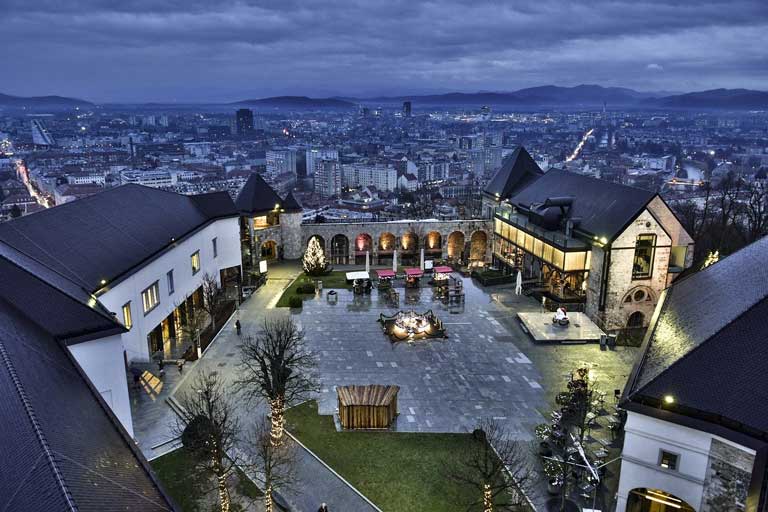 Ljubljana Castle with Christmas lights and decoration