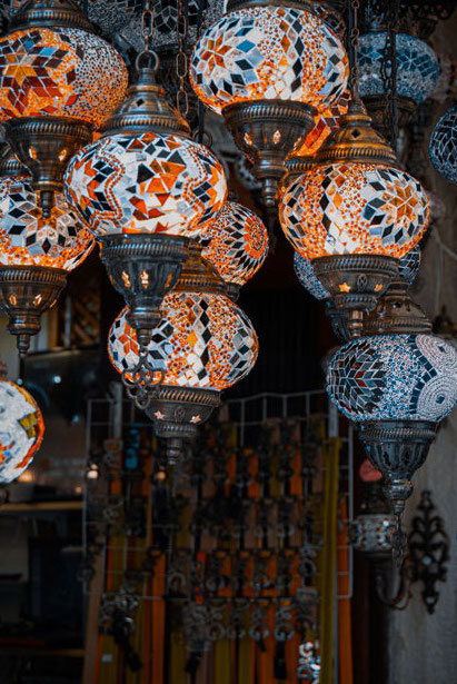 mosaic lamps hanging in a shop, typical bosnian design in bright colours