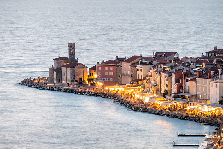 Restaurants near Piran's coastline in Slovenia