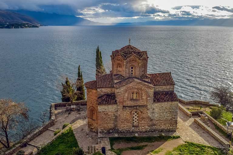 Lake Ohrid in North Macedonia with St Jovan Kaneo church