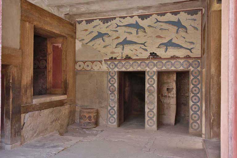 Dolphin fresco at the Minoan palace of Knossos, Crete in Greece