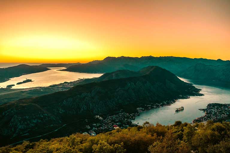 Aerial view of Kotor and Montenegro fjord