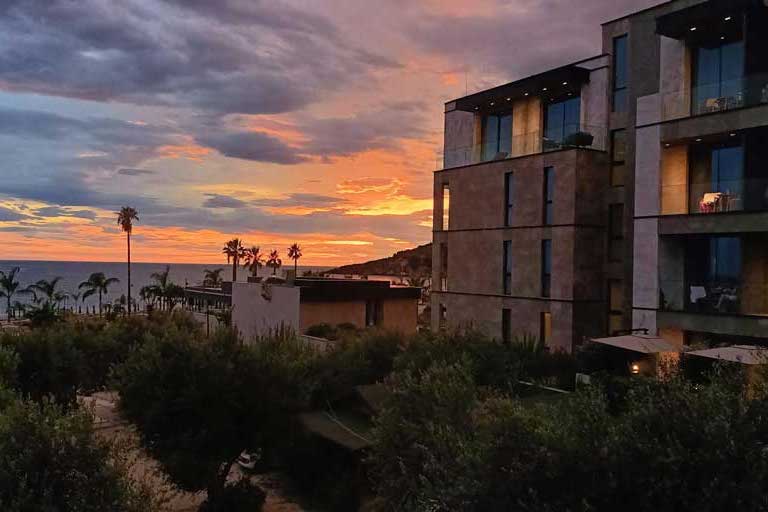 Himare hotel in Albania with sunset in the background